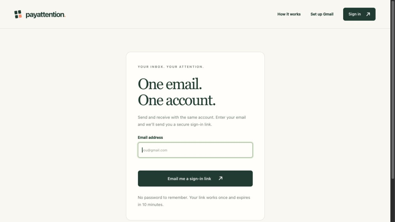 Pay Attention sign-in screen with an email address field and a Send login link button.